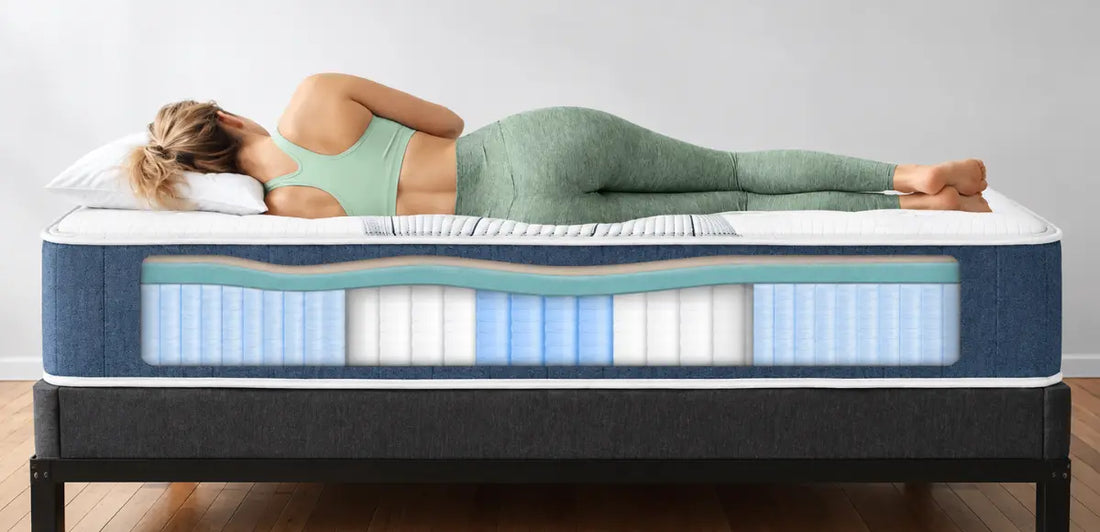 Pressure relief mattress cross-section with a woman lying on her side on top