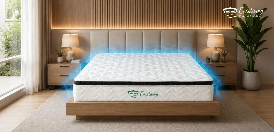 Cooling gel mattress on a modern wooden bed with blue airflow graphics illustrating heat dissipation and enhanced cooling for a comfortable night's sleep.