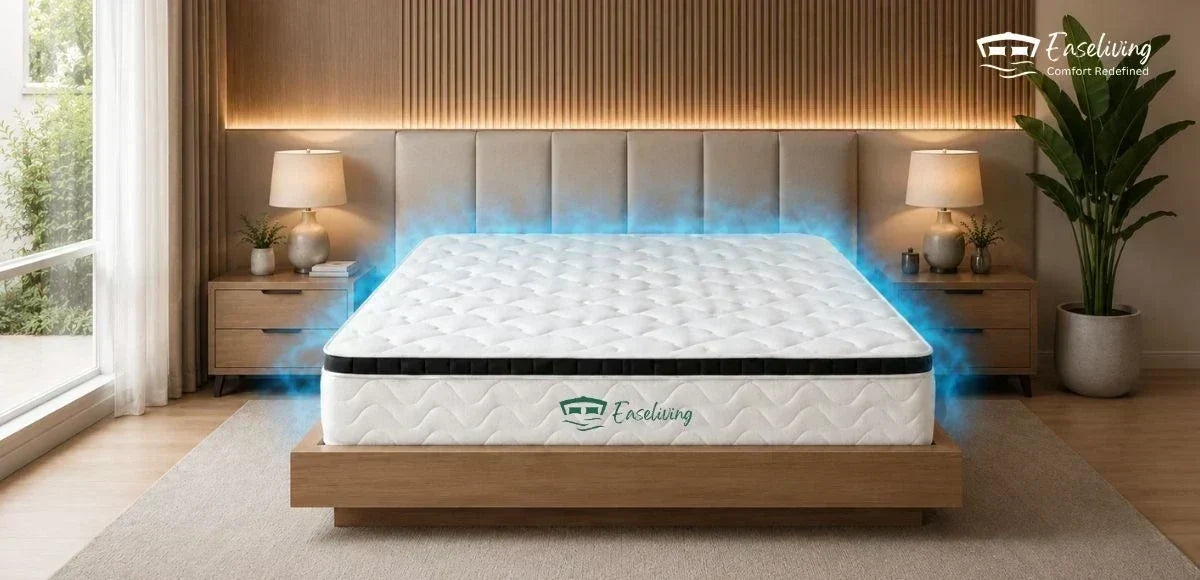 Cooling gel mattress on a modern wooden bed with blue airflow graphics illustrating heat dissipation and enhanced cooling for a comfortable night's sleep.