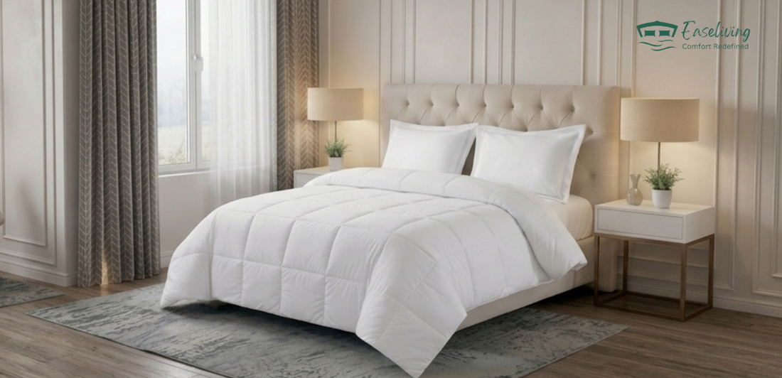 White OEKO-TEX certified bedding set on a modern bed in a bright, elegant bedroom.