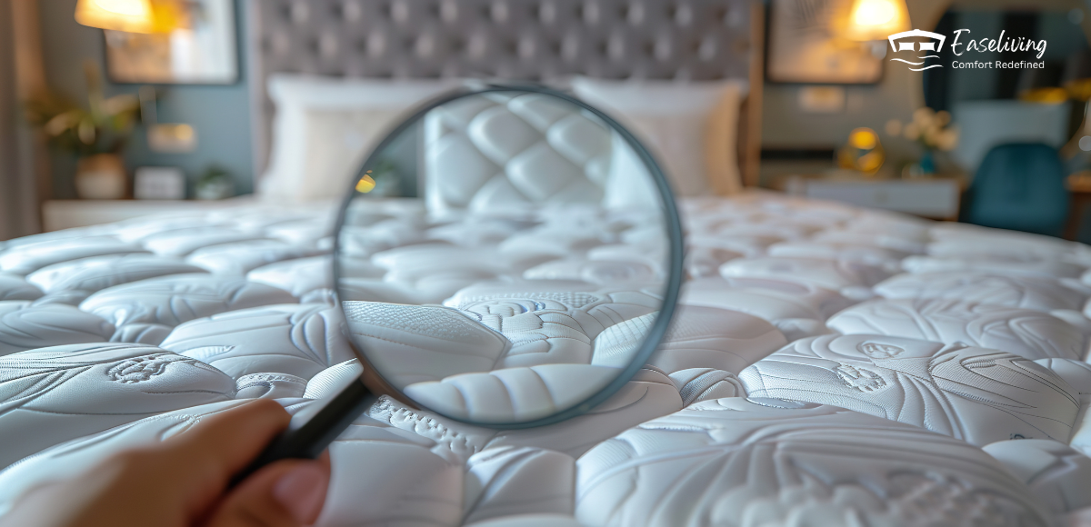 Magnifying glass inspecting a mattress surface to highlight signs of wear and determine when it needs replacement.