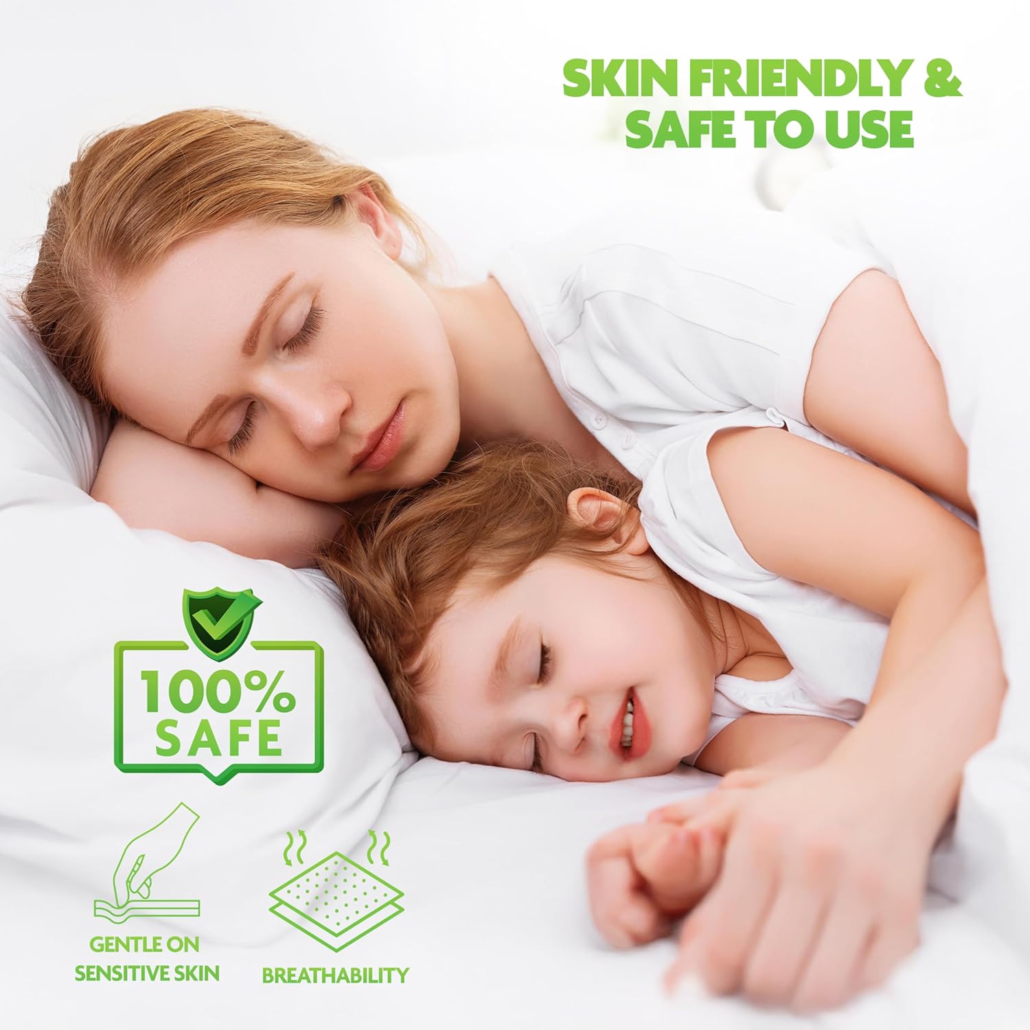 Woman and child lying in bed with text about skin safety and product features.